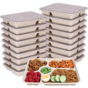 40 oz 5 Compartments disposable Sugarcane Fiber plates with Lids Bagasse Plant Fibers Freezer Safe 25 Pack