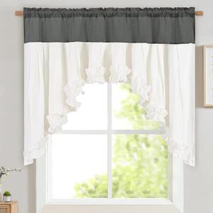 Likiyol Linen Valances for Windows Farmhouse Ruffle Swag Valance Rustic Country Window Valances Light Filtering Kitchen Curtains Rod Pocket Valance Curtains for Bathroom Cafe, Grey White, 60"W x 36"L