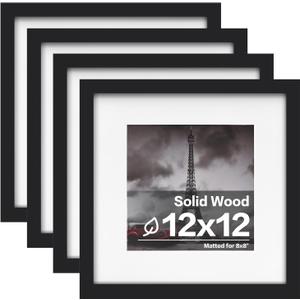 Egofine 12x12 Frame, Made of Solid Wood with HD Plexiglass for Pictures 8x8 with Mat or 12x12 without Mat, Wall Mounting Display, Set of 4, Black