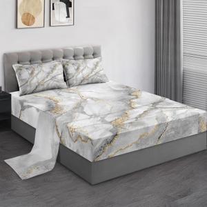 Pamnest Queen Size Bed Sheet Sets, Marble White Gold Stone Soft Microfiber 4 Pcs Bedding Sets for Adults Bedroom Bed Decor, Gray Vintage Retro Flat, Fitted Sheet and 2 Pillowcases