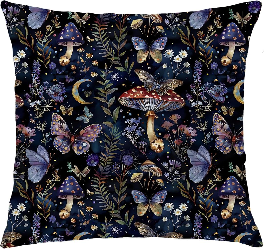 Gothic Mushroom Butterfly Floral Moon Throw Pillow Covers 18x18 InchGothic Witchy Mushroom Dark cottagecore Home Decor