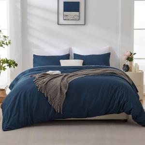 LINENLINE Duvet Cover Queen Size, Rayon Derived from Bamboo, Cooling & Soft Queen Duvet Cover Set, 1 Zipper Closure Duvet Cover 90"x90" & 2 Pillow Shams, Comforter Not Included, Navy