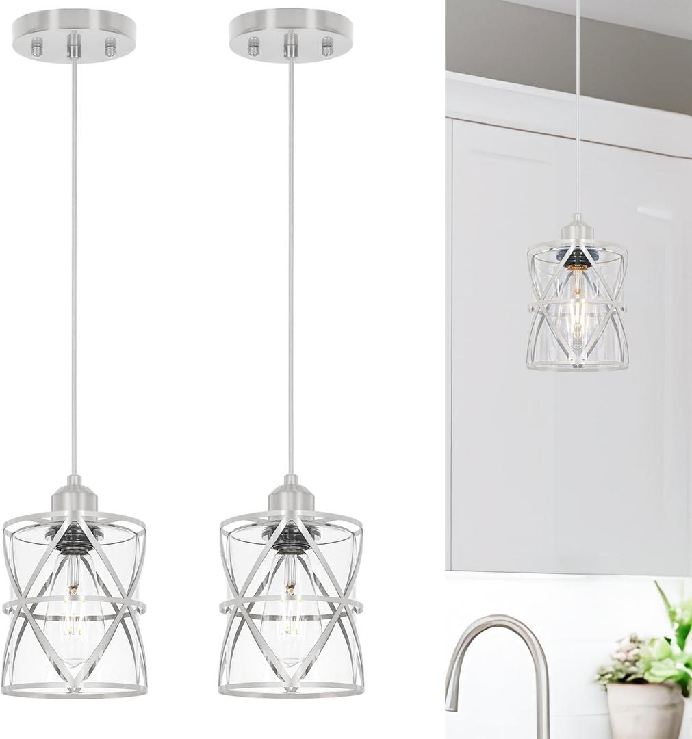 Brushed Nickel Pendant Lights for Kitchen Island, 2 Pack Adjustable Bathroom Pendant Light, Modern Hanging Lights with Clear Glass for Dining Room Island Sink, E26 Base,5.51'' Shade 59.06''Cord
