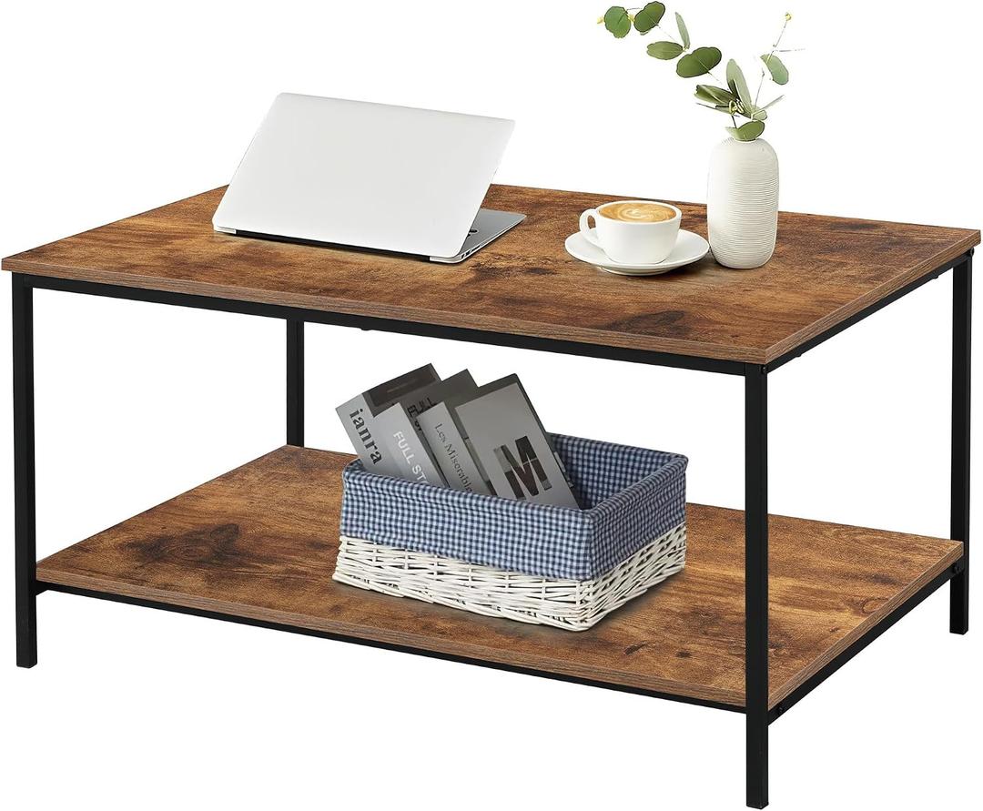 SENIG Small Brown Rectangle Wood and Metal Coffee Table with Storage Shelf for Small Living Rooms, 31.5in