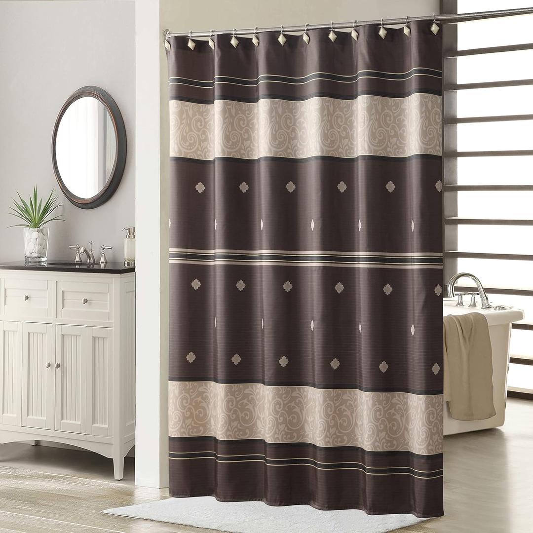 Seville Chocolate Farmhouse Polyester Printed Vintage Shower Curtain,Decorative Brown Waterproof Bathroom Curtains,72" W x 78" H-Chocolate/Brown