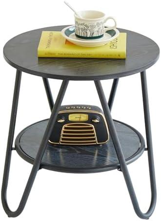 Leesingdo 2 Tier Round End Table, Black End Table with Metal Frame for Small Spaces, Accent Coffee Table, Sofa Table, Nightstand for Living Room, Bedroom