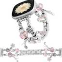 Gold Watch Bands Compatible with Fitbit Versa 4 /Versa 3/Fitbit Sense 2/Sense Bands Women, Unique Charms Chain Strap Pandora Bracelet Wristband for Versa 4 3 Sense 2 Smartwatch (Pink Flower+Silver)