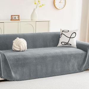 hyha Couch Cover for Dogs, Boho Sofa Covers for 3 Cushion Couch Washable, Chenille Sofa Slipcover for Pets, Soft Loveseat Sectional Couch Throw Blankets with Tassels (Grey, 71x118 Inch)