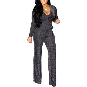 LightlyKiss Women Casual Sexy V Neck Sparkly Jumpsuits Long Sleeve Onesie Loose Pants Party Clubwear with Belt (Medium)
