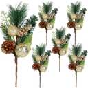 DR.DUDU Christmas Tree Ornaments 6 Pcs 12'' Gold Picks and Sprays with Brown Pine Cone Green Poinsettia Leaf, Artificial Berry Branches Stems Decorations DIY Crafts for Vase Filler Wreath Decor (Gold)