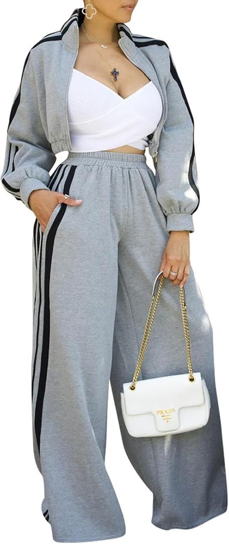 Akmipoem Sweatsuits Women 2 Piece Outfit Striped Tracksuit Long Sleeve Zipper Crop Sweatshirt Wide Leg Sweatpants Set (X-Large, Grey)