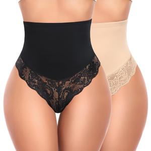 Tummy Control Thong Shapewear for Women Mid High Waist Shaper Panties Girdle Lace Shaping Thong Underwear (X-Large, 1# a Black+beige(mix Pack)