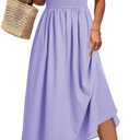 Wenrine Womens Casual Summer Midi Dress Smocked Cap Sleeve Crew Neck Color Block A Line Flowy Beach Dresses