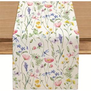Dragonfly Floral Leaf Spring Table Runner 13x60 Inch, Linen Seasonal Summer Butterfly Dinning Kitchen Table Decoration for Holiday Home Party Decor