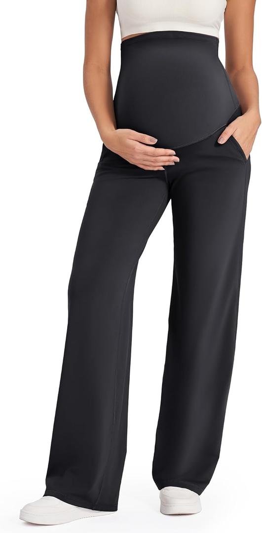 G4Free EverGoing Maternity Pants Over the Belly Yoga Dress Work Stretchy Lounge Pregnancy Wide Leg Trousers with Pockets (L)