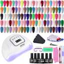 JODSONE 60 Bottles of Gel Nail Polish Kit with U V Light 55 Kinds of Gorgeous and Charming Gel Polish Kit 5 Pieces Soak off Glossy Matte Top Coat Base Coat