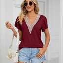 Cap Sleeve Summer Tops for Women Trendy Floral Print Casual V Neck T Shirts Petal Sleeve Blouses (Red, M)