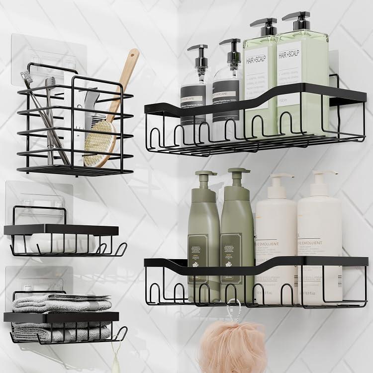 Clara Clark Shower Organizer - Adhesive Shower Shelf Caddy, Rustproof Stainless Steel Rack for Bathroom Storage & Home Decor, Black