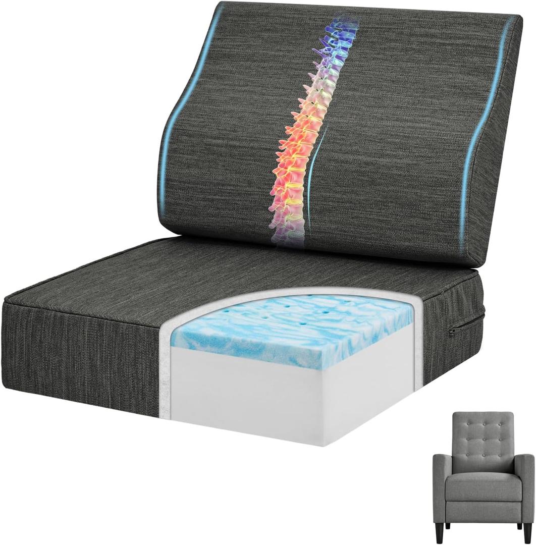 Baibu Gel Memory Foam Recliner Cushions with Lumbar Support Pillow for Elderly, 20x20x5 Inch Thick Dual-Layer Patent Design Non-Slip Seat Cushion for Recliner Chair for Reduce Hip & Lumbar Pain, Black