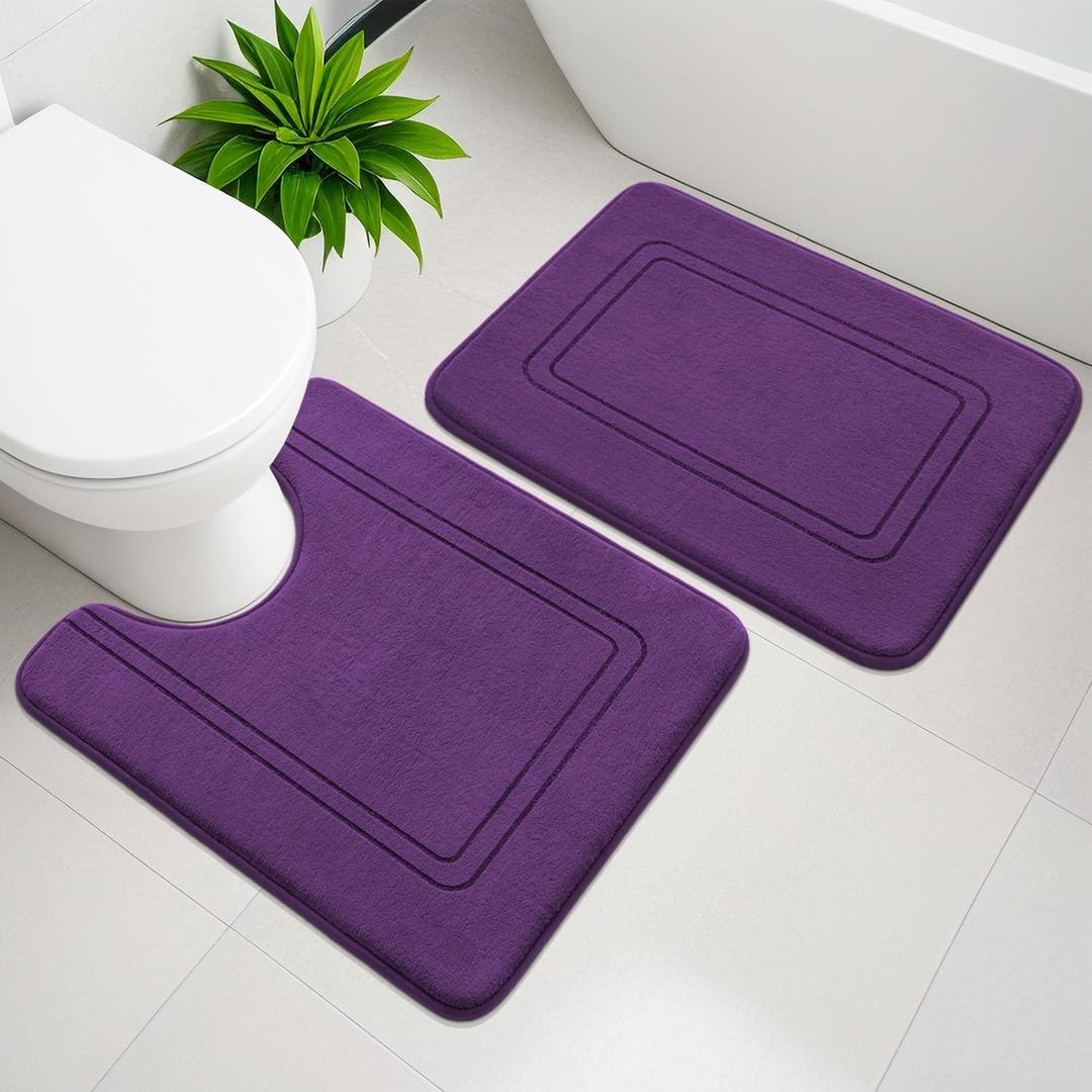 YIHOUSE Memory Foam Bath Mat Set, Bathroom Rugs Sets 2 Pieces, Non Slip Bath Mats for Bathroom, Super Soft and Water Absorbent Bath Rug Set, Machine Washable U Shape Rug, Purple