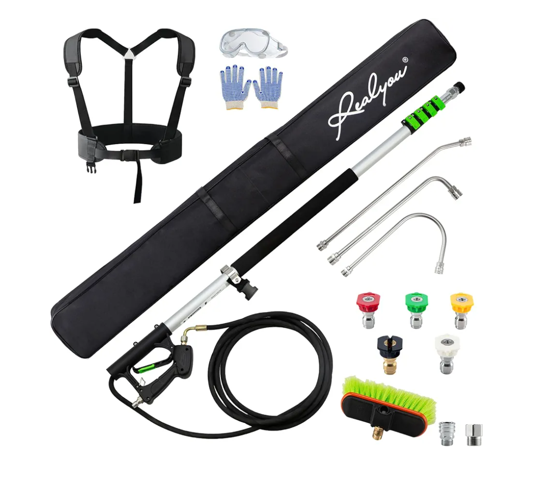 Realyou 24 FT Pressure Washer Telescoping Wand with Pressure Washer Extension Wand, Gutter Cleaner Tool, 5 Spray Nozzle Tips, 2 Hose Adapters, Support Belt and Bursh Head