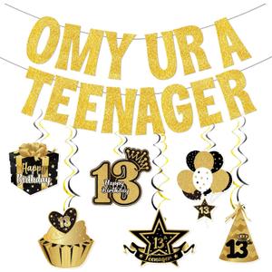 2 x Omy Ur A Teenager Gold Glitter Banner, 13 Birthday Girl Decorations, Teenager Birthday Banner, 13th Birthday Decorations For Girls