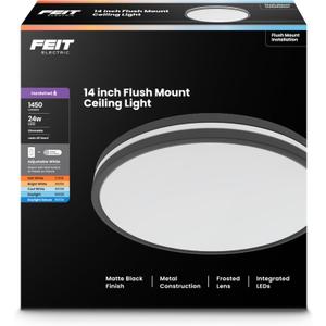 Feit Electric 14" Adjustable White LED Ceiling Fixture, Dimmable Flush Mount Light, Selectable Color Temperature, Matte Black Dual-Banded Finish, Energy Efficient, 50,000-Hour Lifespan, FM14/DR/6WY/BK, 14" x 14" x 2.6"