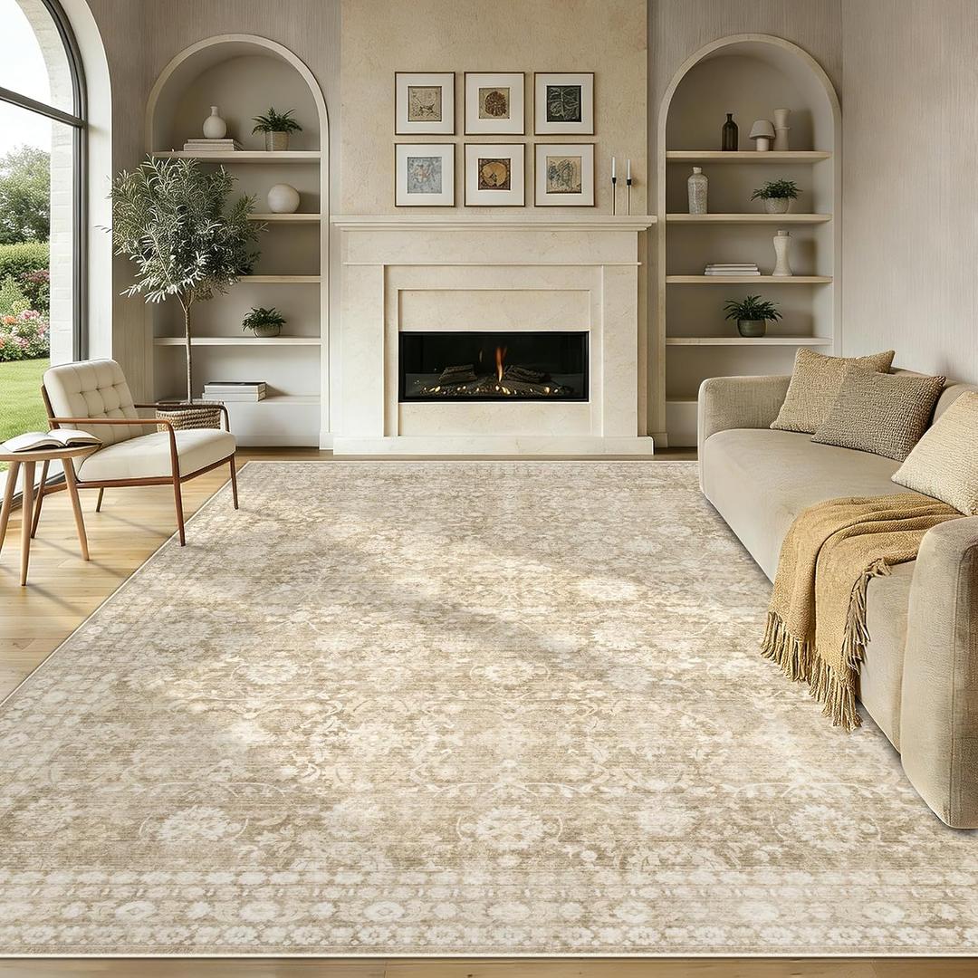 8x10 Area Rugs for Living Room: Washable Large Vintage Floral Rug Low Pile Non-Slip Boho Carpet for Bedroom Home Office Dining Room (Brown, 8'x10')