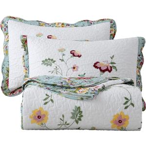vctops 3-Piece Embroidered Floral Cotton Quilt Set Elegant Reversible Lightweight Soft Bedspread Coverlet with 2 Pillow Shams (Floral, Oversize Queen)