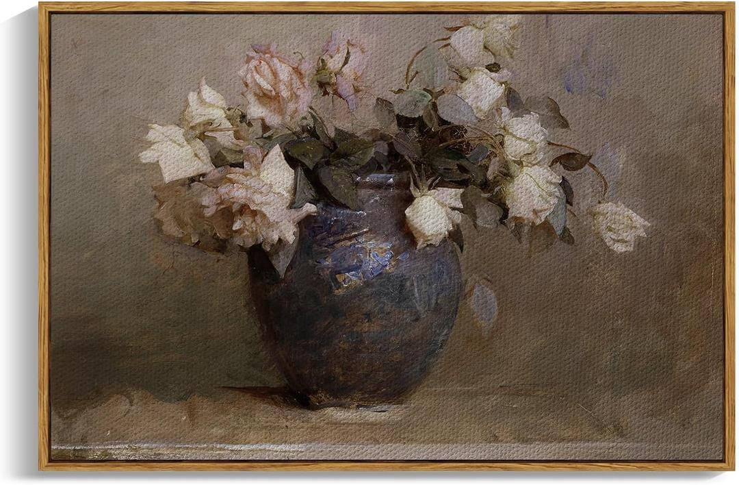 InSimSea Framed Canvas Wall Art Vintage Decor, Retro Floral Rustic Decorations for Living Room, Farmhouse Wall Decor for Living Room Bedroom, 24"x36" (Roses in Vase)