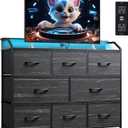 WLIVE Led Dresser for Bedroom, TV Stand for Bedroom with LED Lights and Power Outlet, Wide Chest of Drawers for Hallway, 8 Fabric Drawers for Living Room and Entryway, Charcoal Black Wood Grain Print