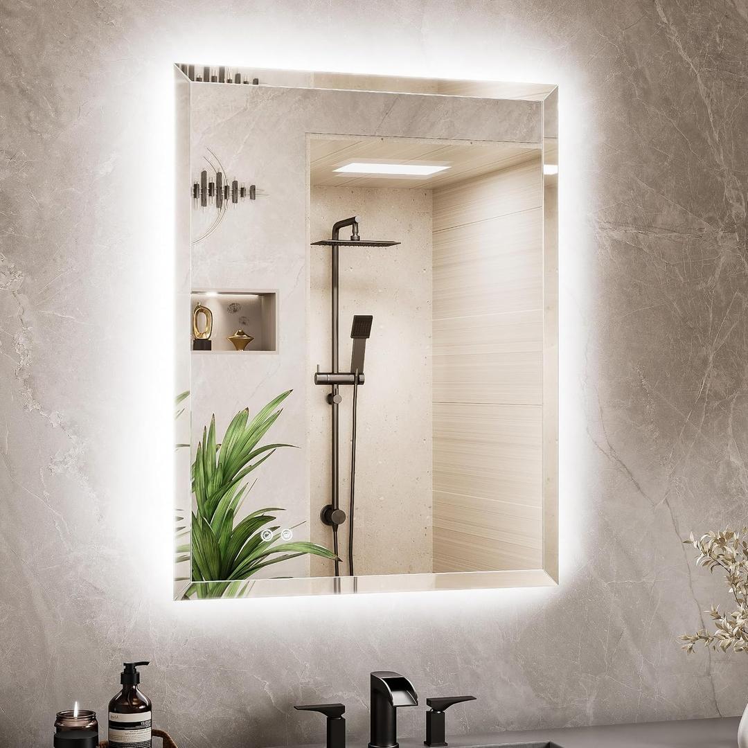 TETOTE Backlit Mirror Bathroom 28 x 36 Inch, LED Vanity Mirror with Beveled Edge, Safe Tempered Glass, 3 Color Temperature, Anti-Fog, Dimmable, Smart Bathroom Mirror, Bathroom Mirrors for Over Sink