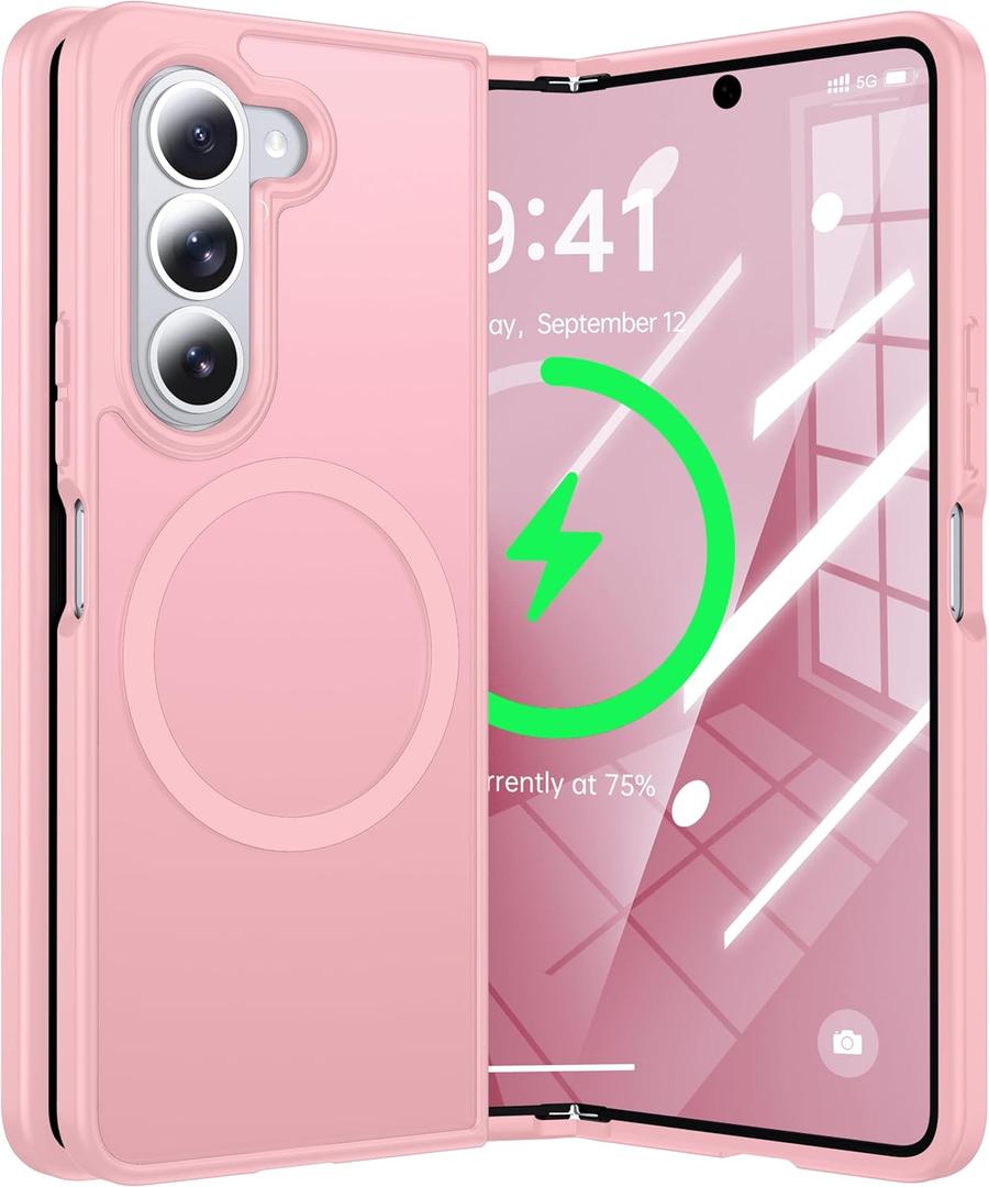 Magnetic for Samsung Galaxy Z Fold 7 Case Compatible with MagSafe [Fast Wireless Charging][Anti-Fingerprint][Military Shockproof] Translucent Matte Silicone Bumper for Z Fold 7 Case, Light Pink