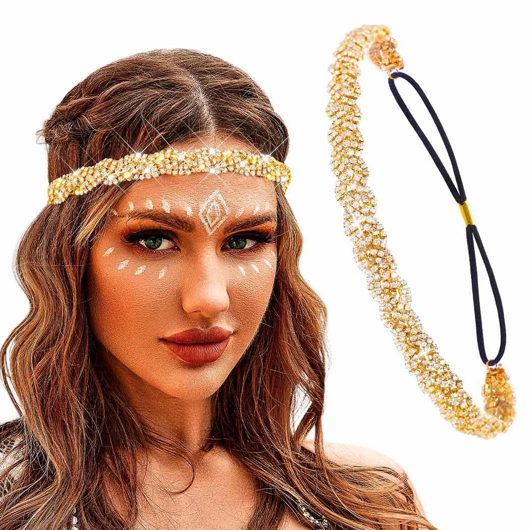 Fstrend Gold Elastic Rhinestone headbands Sparkly Crystal Braid Headpiece for Women (Gold, M) (1 Count (Pack of 1))
