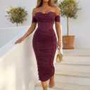 Women's Off the Shoulder Midi Dress Built-in Bra Ruched Corset Bodycon Formal Night Out Cocktail Party Dresses (Purple, M)