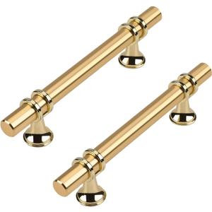Haliwu 10 Pack Gold Cabinet Handles, Brushed Brass Cabinet Pulls Kitchen Handles Barrel Drawer Dresser Knobs Champagne Gold Pull Kitchen Hardware, 3-3/4 inch Hole to Hole Center