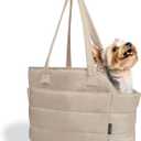 Lightweight Dog Purse Carrier for Small Dogs Under 15 lbs, Puffy Quilted Pet Carrier Tote for Puppies with Safety Leash Clip, Women's Hands-Free Dog Carrier Bag for Travel/Shopping (Brown)