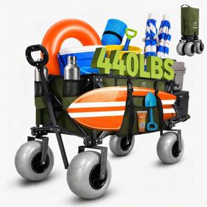 Beach Wagon with Extended Tailgate, 9" Big Sand-Proof Balloon Wheels, Heavy Duty 200L Oversized Foldable Beach Cart, 440LBS Utility Wagon with Side Pocket for Sand,Camping,Vacation