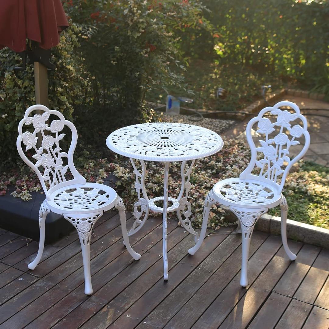 C/G 3-Piece Bistro Set - Outdoor Patio Table Set, Anti-Rust Cast Aluminum, White (Rose)