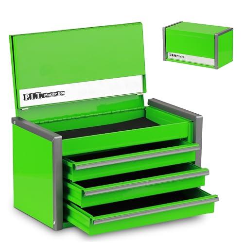 P.I.T. Mini Green Tool Box, Portable 3 Drawer Steel Stackable Tool Box with Magnetic Tab Locking, Green Micro Top Chest with Liner for Tools Storage and Organizers, Home DIY