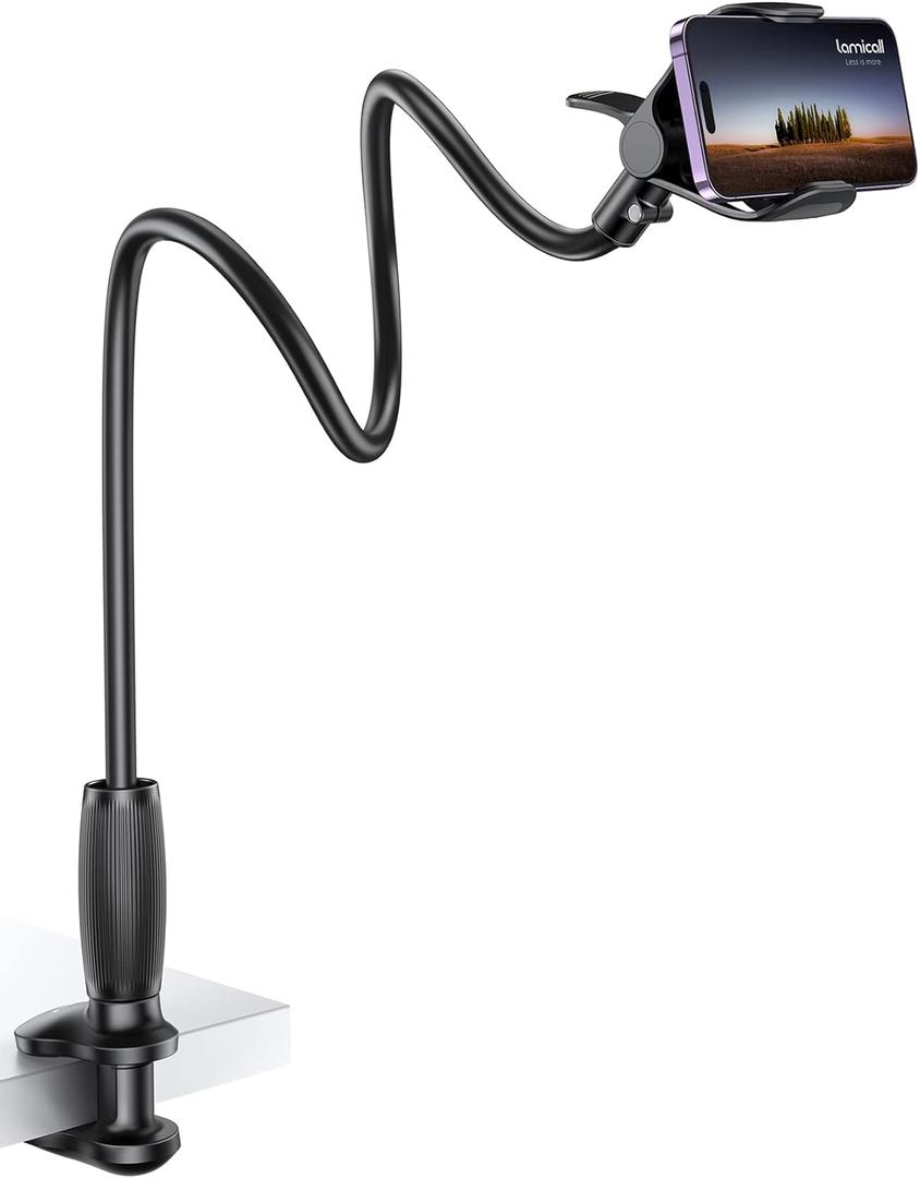 Lamicall Gooseneck Phone Holder for Bed - [Upgraded Stable Clip] for Desk, Headboard, Bed, Bedside, Table, Flexible Gooseneck Long Arm Stand, Overhead Cell Phone Clamp Mount, Gift for All 4-7 Device (black)