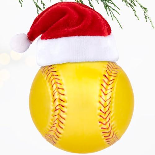 Christmas Softball Small Glass Blown Ornament, 2025 Hand-Painted Mini Sports Ball Decoration with Removable Santa Hat for Boys and Girls, Xmas Tree Themed Party Holiday Decor Kids Gifts