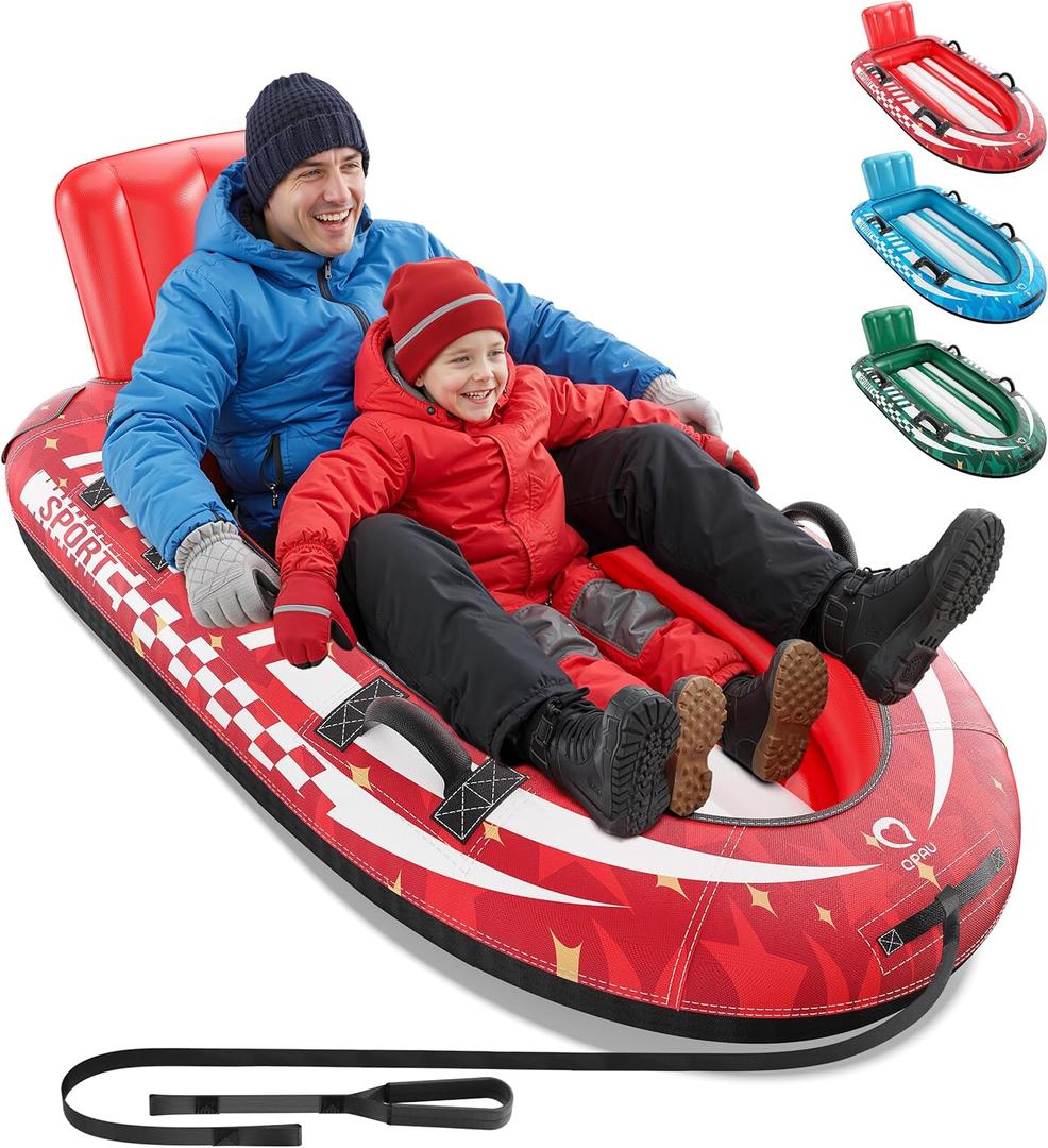 QPAU 2-Person Inflatable Snow Sled with Premium Canvas Cover, Heavy Duty Sled with Backrest & Reinforced Handles, Snow Tubes for Kids & Adults, Winter Inflatable Toys (Red)