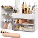 Makeup Organizer Countertop for Vanity, Cosmetic Organizer with Travel Makeup Brush Holder, Skincare Organizer & Storage with Drawers for Bathroom, Beauty Essentials, Eyeshadow, Lotions (White)