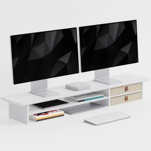 FENSULN Dual‑Tier Monitor Stand Riser with Drawers, Desktop Organizer Shelf Storage for Computer Screen 2 Monitors, Supports for PC Computer Monitor, Printer, Heavy TV Riser White