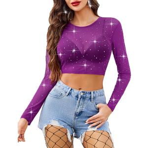 Avidlove Mesh Top Women Rhinestone Sparkly Long Sleeve Sheer Crop Top See Through Shirt Glitter Going Out Tops (Medium, Purple)