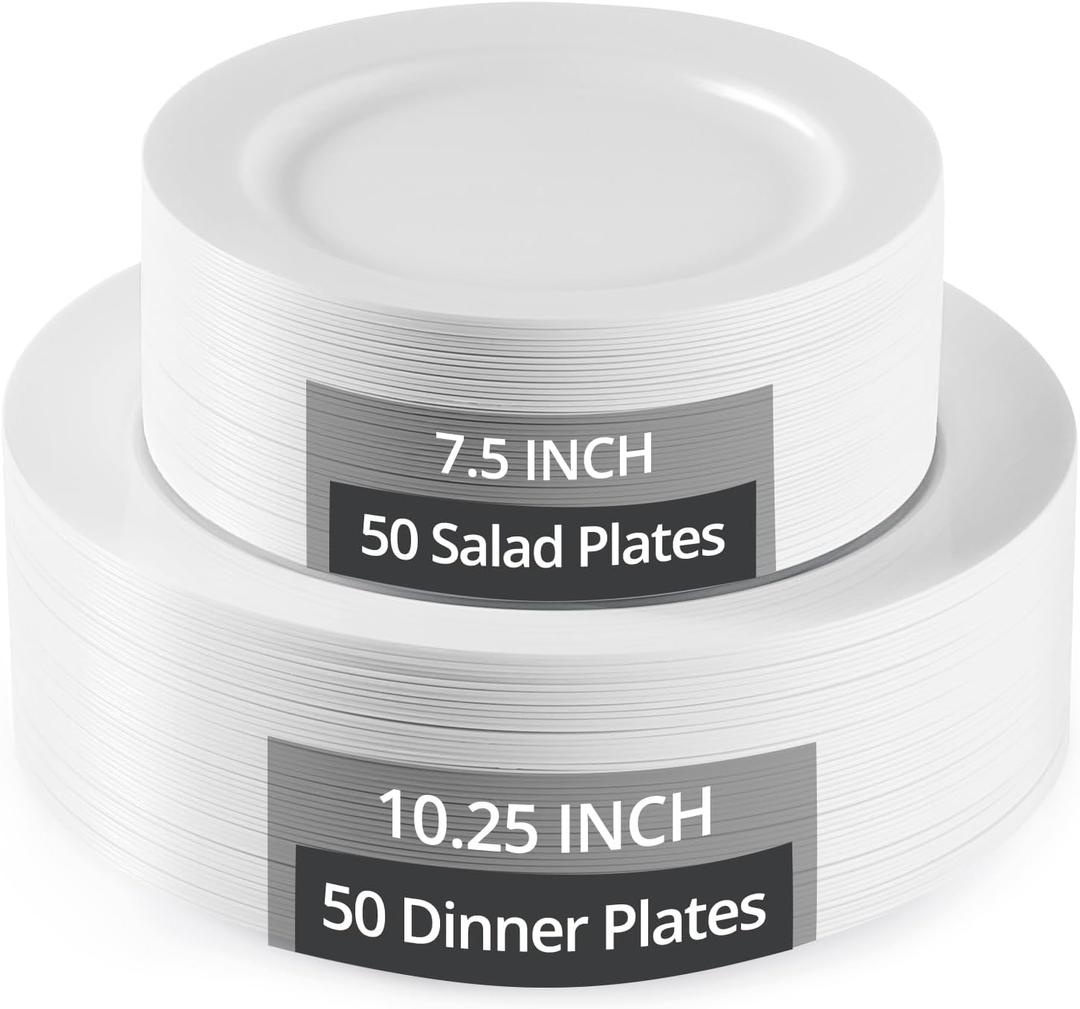 100 Pack White Plastic Plates Disposable, 10.25" & 7.5" Heavy Duty Shatterproof Plates for Large Party, Wedding, Catering (50 Large & 50 Small)