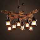 GHY 8 Lights Industrial Wooden Hanging Lighting Black Metal Chandelier Farmhouse Vintage Pendant Lamp Glass Lampshade for Pool Table Kitchen Island Bar Retro Ceiling Light Height Adjustable Fixture