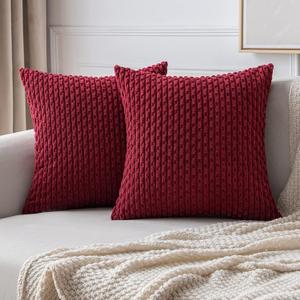 MIULEE Throw Pillow Covers Soft Corduroy Decorative Set of 2 Boho Striped Pillow Covers Pillowcases Farmhouse Home Decor for Couch Bed Sofa Living Room 18x18 Inch Wine Red
