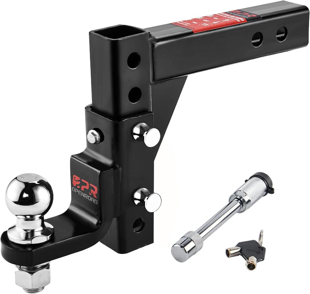 OPENROAD Adjustable Trailer Hitch Ball Mount - Fits 2-Inch Receiver, 2" Tow Balls, 7500lbs, 9-1/2" Drop/ 8-1/4" Rise, Heavy Duty Truck Hitch with Stainless Steel Pins and Lock